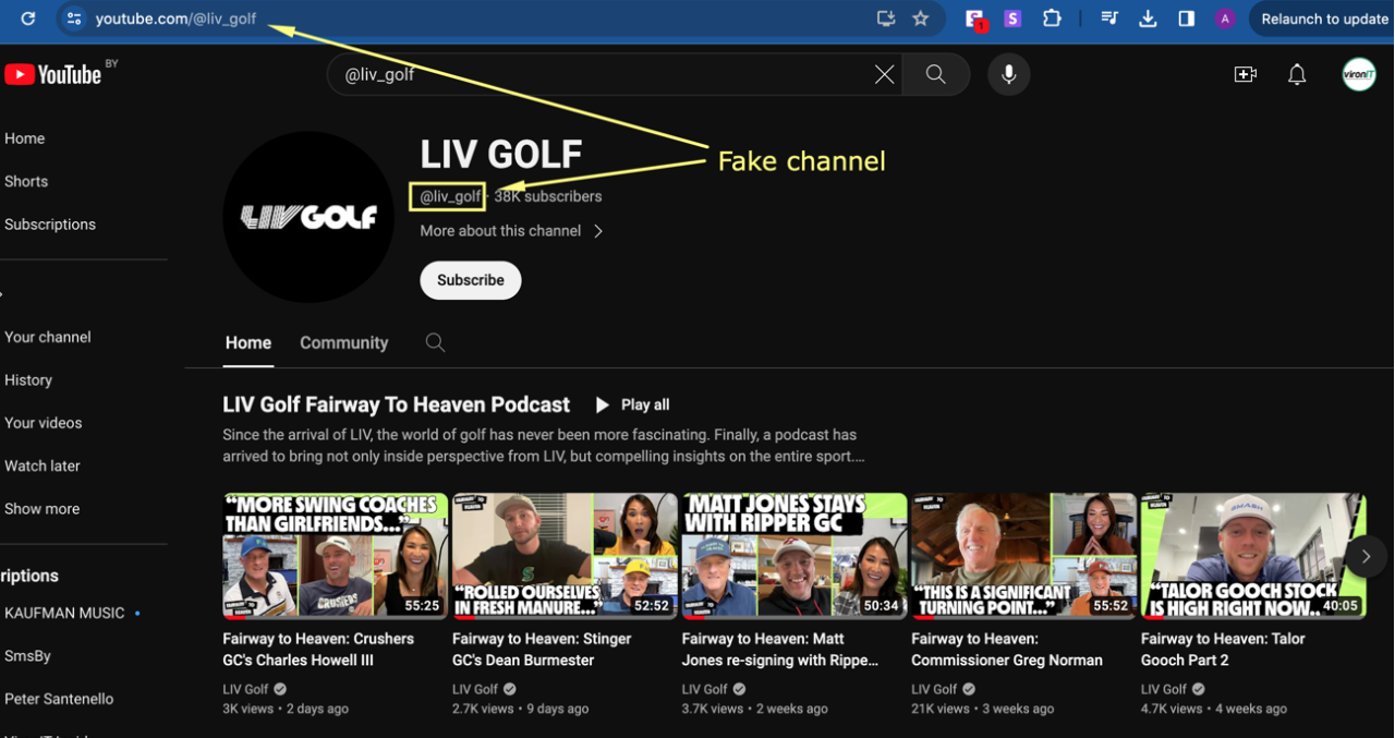 Fake LivGolf Youtube channel